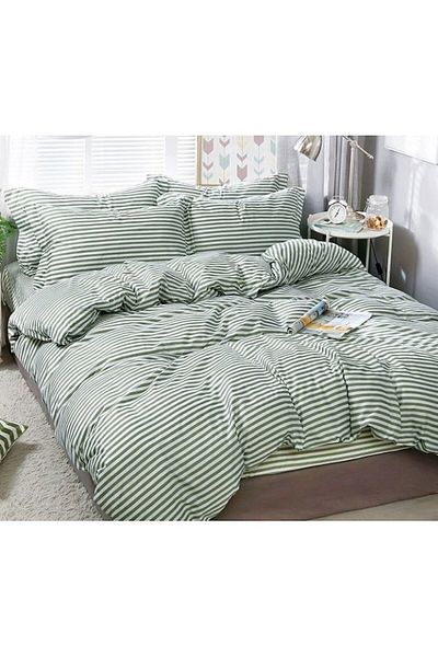 OEM Double Bed Linen, Satin Cotton, 4 Pieces, Green Stripes, 200x230cm