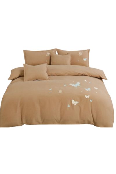 OEM Double Bed Linen Set, Elastic, 6 Pieces, 180x200 cm, Butterfly Print, Brown