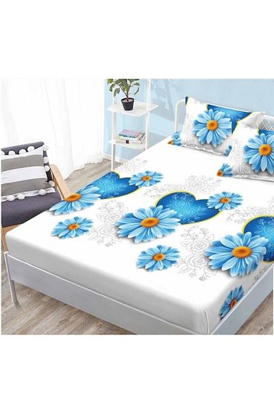 OEM Husa de pat si fete de perna, Finet, 3 piese, 1 persoana, 160x200cm, imprimeu, flori albastre, multi