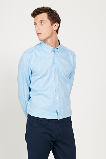 AC&Co / Altınyıldız Classics Erkek Mavi Keten Slim Fit Dar Kesim Düğmeli Yaka Armürlü Gömlek