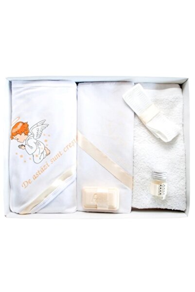 OEM Trusou Botez Fete, 6 piese, 'Cu drag de la Nasi', Ingeras, Alb-Corai Prafuit