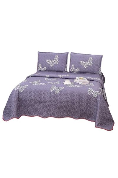 OEM Cuvertură de pat, microfibră, 3 piese, 2 persoane, 220x240cm, imprimeu fluturi, violet-alb