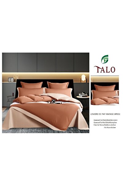 OEM Bed Linen Set, Bicolor, Silk Imitation, 2 persons, 6 pieces, 230x245cm, Brown-Beige