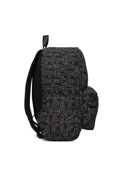 EA7 Unisex Front Zipper Pocket Detail Black Backpack with Brand Texts Everywhere Pattern 7X000001 Af10465-