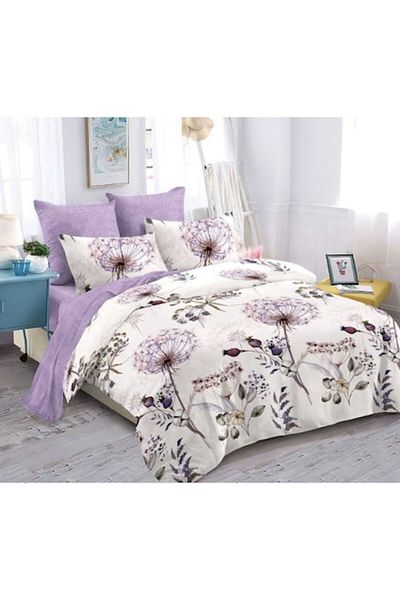 OEM Lenjerie de Pat, Finet, 6 piese, 2 persoane, 230x250cm, Imprimeu Inimi, Ivoire-Lila