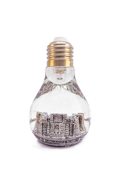 OEM Decoratiune din plastic in forma de bec cu lichid si baterie, cu Palatul Parlamentului, argintiu, 6x