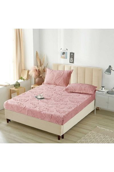 OEM Husa si 2 fete perna, Cocolino, Sherpa Throw, Embosat 3D Fluturi, 3 Piese, 180x200cm, Roz