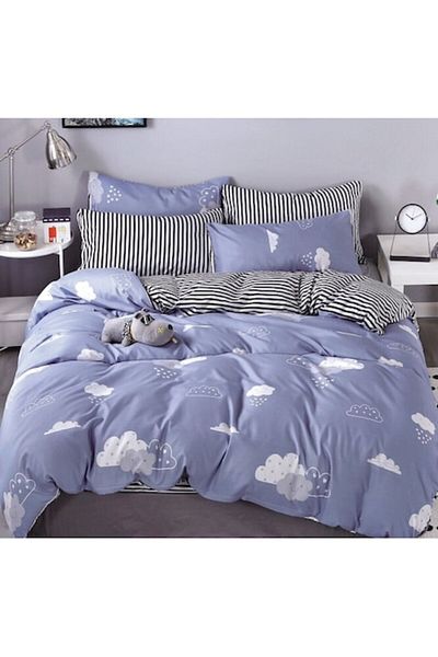 OEM Lenjerie de pat, reversibilă, cearșaf elastic cu elastic, Finet Clouds, persoană individuală, 4 piese, 140x200cm, albastru-