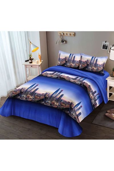 OEM Double bed linen, City under Sunset print, 4 pieces, 240x250 cm, Satin Cotton, Multicolor