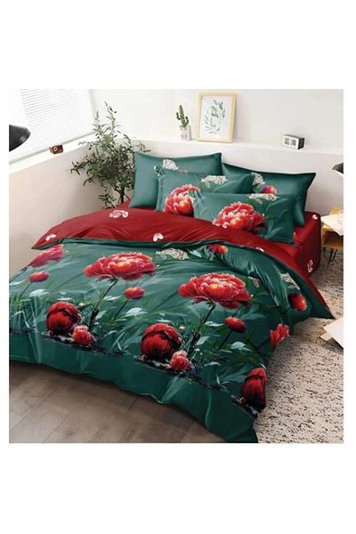 OEM Double Bed Linen, 6 Pieces, 2 Persons, 245x250 cm, Red Floral Print, Multicolor