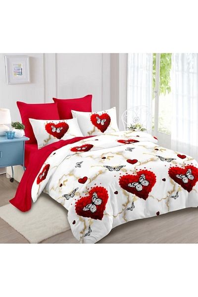 OEM Lenjerie Pat Dublu, Imprimeu Inimi si Fluturi, Reversibil, 6 piese, 2 persoane, 180x200cm, Finet, Al