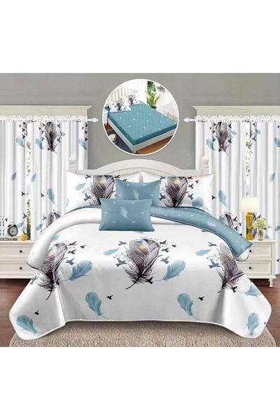 OEM Bed Linen and Drapery, 8 Pieces, Elastic Sheet, 2 Persons, Finet Elegant, Feather Print, Multicolor