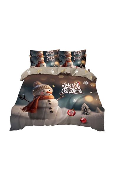 OEM Lenjerie de pat, Finet, Imprimeu Festiv Craciun, Snowman at Sunset, 6 piese, 2 persoane, 240x250cm,