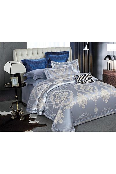 OEM Set lenjerie de pat dublu, 2 fețe de pernă, 6 piese, Jacquard, 2 persoane, 240x250cm, gri-albastru