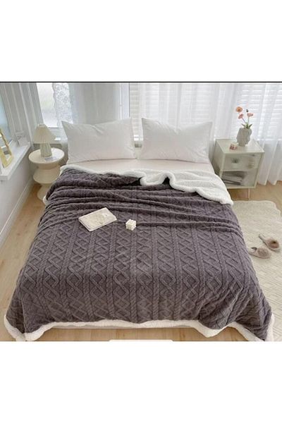 OEM Sherpa Throw Blanket, Grofat 3D Knit, 200x230cm, Dark Gray