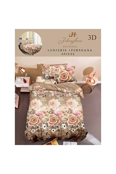 OEM Lenjerie de pat, Finet, Imprimeu 3D Multiplicat, 4 piese, 1 persoana, 155x200cm, Trandafiri, Bej Nua