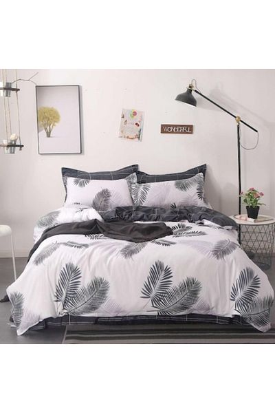 OEM Bed Linen Set, Elastic Sheet, Satin Cotton, 2 Persons, 4 Pieces, Feather Print, 180x200cm, Gray-Whit