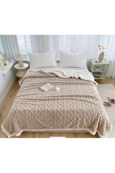 OEM Sherpa Throw Blanket, Grofat 3D Knit, 200x230cm, Beige