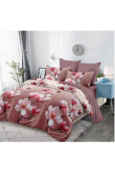 OEM Double Bed Linen with Elastic, 6 Pieces, Magnolia Print, Multicolor