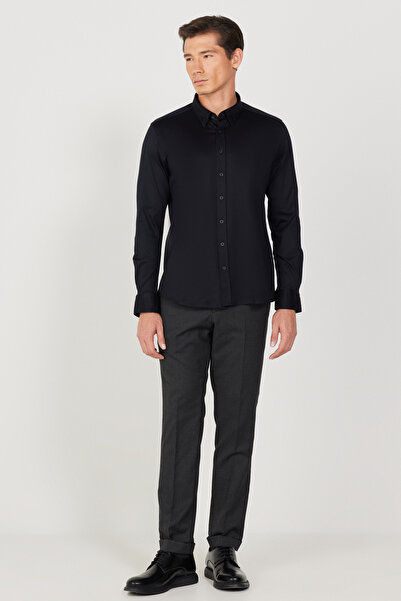 AC&Co / Altınyıldız Classics Men's Black Slim Fit Narrow Cut Hidden Button Collar 100% Cotton Shirt