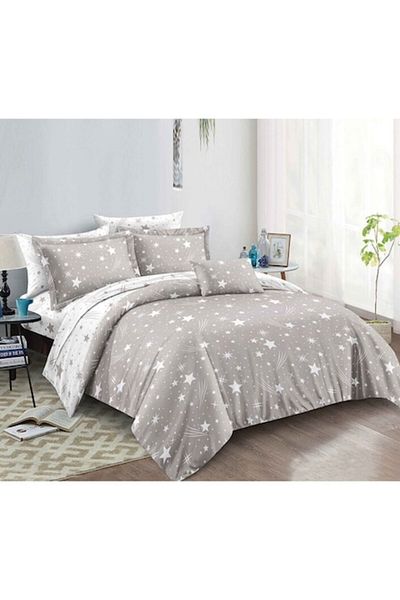 OEM Bed Linen, Reversible, Fitted Sheet, Finet Stars, Single Person, 4 Pieces, 140x200cm, Light Gray-Whi