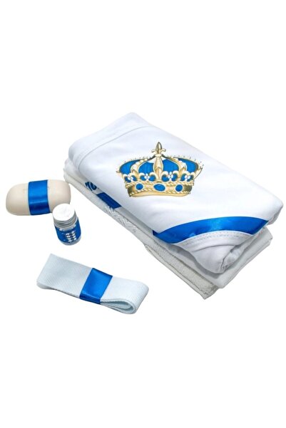 OEM Trusou Botez Baieti, 6 piese, 'Cu drag de la Nasi', Coroana, Alb-Albastru