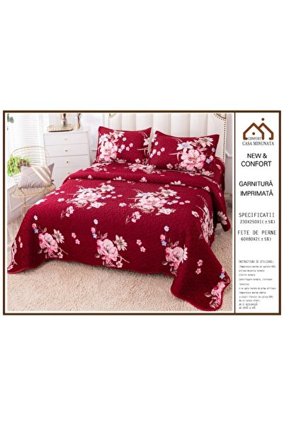 OEM Cuvertura de pat, Bumbac si IN, Imprimeu Floral, 3 piese, 2 persoane, 230x250cm, Bordo-Alb