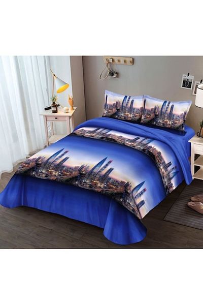 OEM Double bed linen, City under Sunset print, 4 pieces, 240x250 cm, Satin Cotton, Multicolor