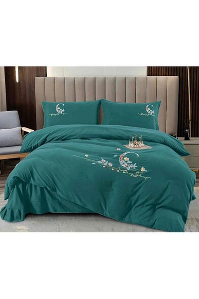 OEM Double Bed Embroidered Bedding Set, Finet, 4 Pieces, 245x250cm, Green Tuborg