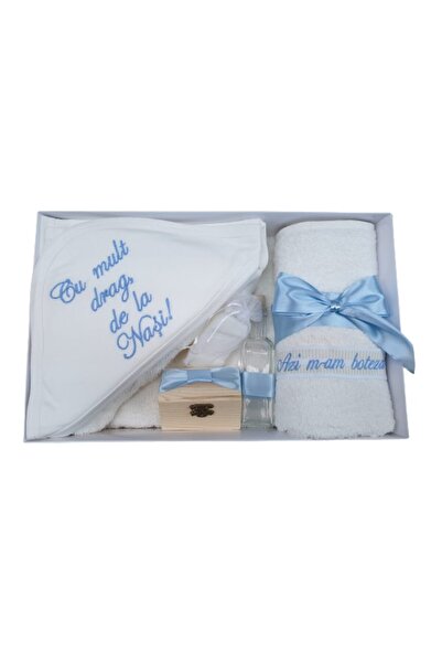 OEM Trusou pentru botez, "Cu mult drag de la Nasi", 7 piese, bleu