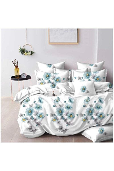 OEM Double bed linen set, floral, reversible sheet, 6 pieces, 230x245cm, Finet, white-sky blue