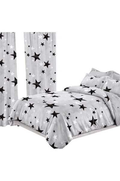OEM Elegant Bedroom Set, Bed Linen and Curtains, 8 pieces, Fine Print, Gray-Black