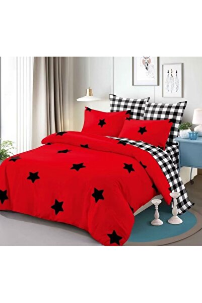 OEM Double Bed Linen, Spring, 6-piece, 2 Persons, 235x250cm, Finet, Stars, Red-Black