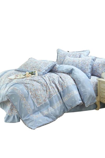 OEM Lenjerie de pat luxoasă cu volane, Finet, 4 piese, 2 persoane, 230x250cm, imprimeu cu crini, albastru-bej