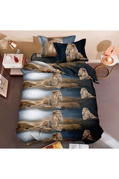 OEM Lenjerie de pat, Finet, Imprimeu 3D Multiplicat, 4 piese, 1 persoana, 155x200cm, Regele Junglei, Mul