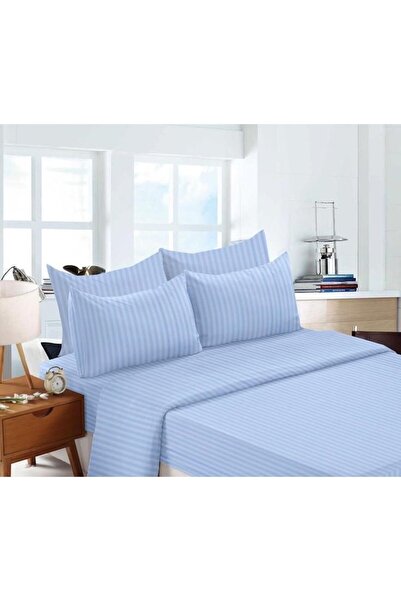 OEM Lenjerie de pat, 6 piese, 2 persoane, 180x200cm, Damasc Finetat, Uni, Albastru Deschis