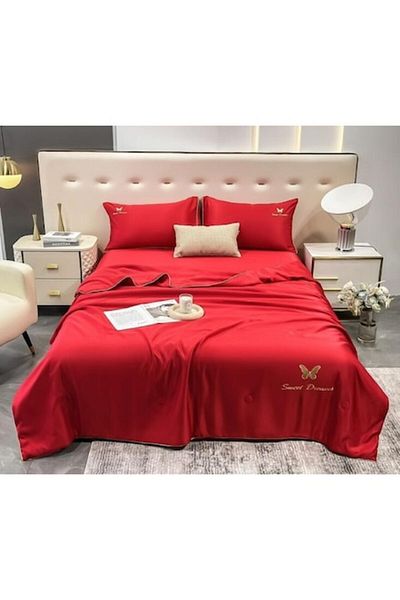 OEM Set lenjerie de pat dublu cu pilotă de vară, Uni, 4 piese, 2 persoane, 245x250cm, mătase, roșu