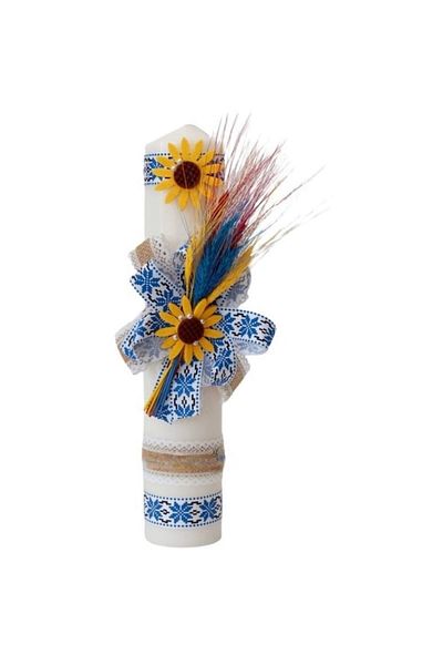 OEM Lumânare tradițională pentru botez, tricoloră din grâu și panglică cu motive tradiționale, 40x7cm, alb-albastru