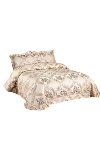 OEM Double Bedspread and 2 Pillowcases, Satin, 3 Pieces, Roses, Beige, 250x250cm