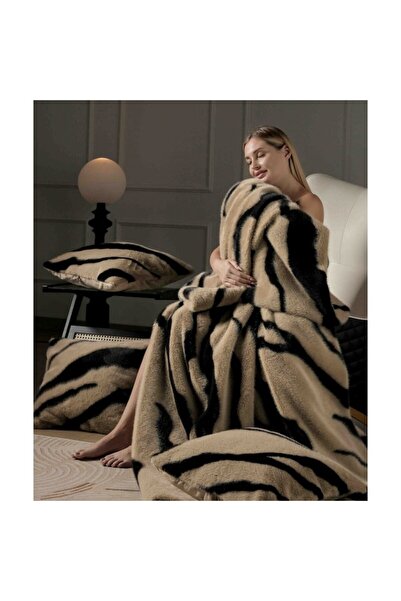 JOJO HOME Luxury blanket and pillowcases, faux mink fur, 3 pieces, 200x230cm, brown-black