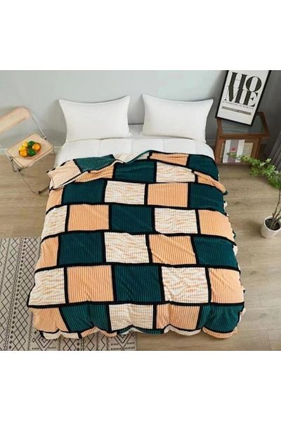 OEM Cocolino Blanket for 2 Persons, 200x230cm, Checkered Print, Green-Peach