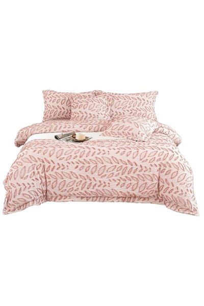 OEM Luxury Bedding Set, Cotton and Linen, Leaf Pattern, 6 Pieces, Double, 180x200cm, Coral