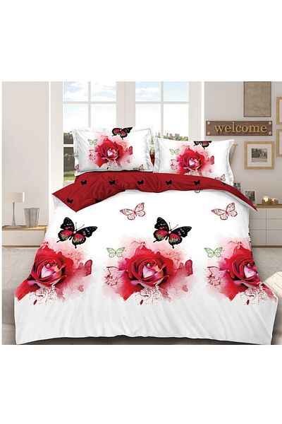 OEM Double Bed Linen with Elastic, 4 Pieces, 2 Persons, 180x200cm, Multicolor Rose and Butterfly Print