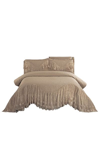 JOJO HOME Cuvertura si 2 fete de perna, cu Volanase Brodate, 2 persoane, 3 piese, 220X280cm, Maro deschis