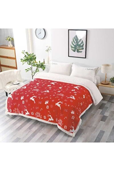 OEM Patura Imblanita, Imprimeu Festiv Craciun, Reindeer, 200x230cm, Rosu-Alb