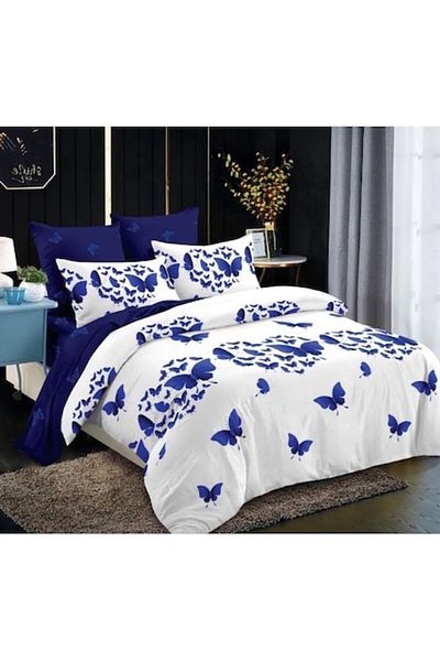 OEM Lenjerie de Pat, Finet, 6 piese, 2 persoane, 230x250cm, Imprimeu Fluturi, Alb-Albastru