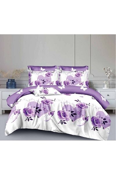 OEM Double Bed Linen Set, 6 Pieces, 180x200 cm, Lilac Heart Print, Multicolor