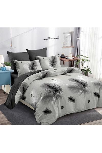 OEM Lenjerie de Pat, Finet, 6 piese, 2 persoane, 230x250cm, Imprimeu Pene, Non-Culori