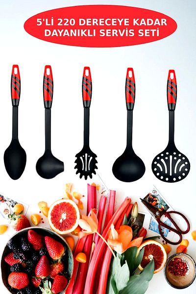 Open Home Concept 5-Piece Modern Design Cooking and Serving Set – 220 ° C Heat Resistant Red