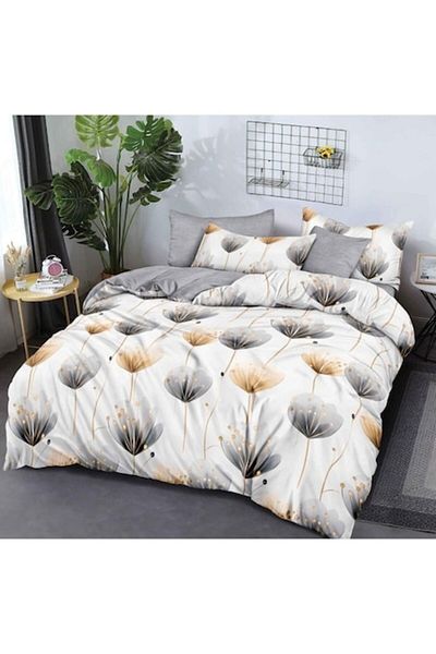 OEM Double Bed Linen Set, 6 Pieces, 2 People, 180x200cm, Finet, Beige-Gray Floral Pattern, Multicolor